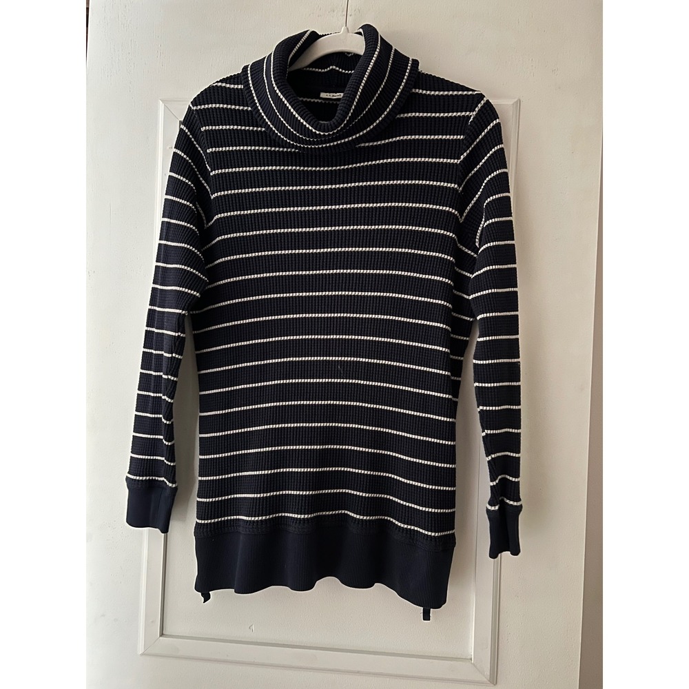 LL Bean Womens Navy Blue White Striped Waffle Knit Turtleneck Sweater Large